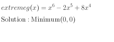 The extreme g(x)=x^6-2x^5+8x^4 is Minimum(0,0)